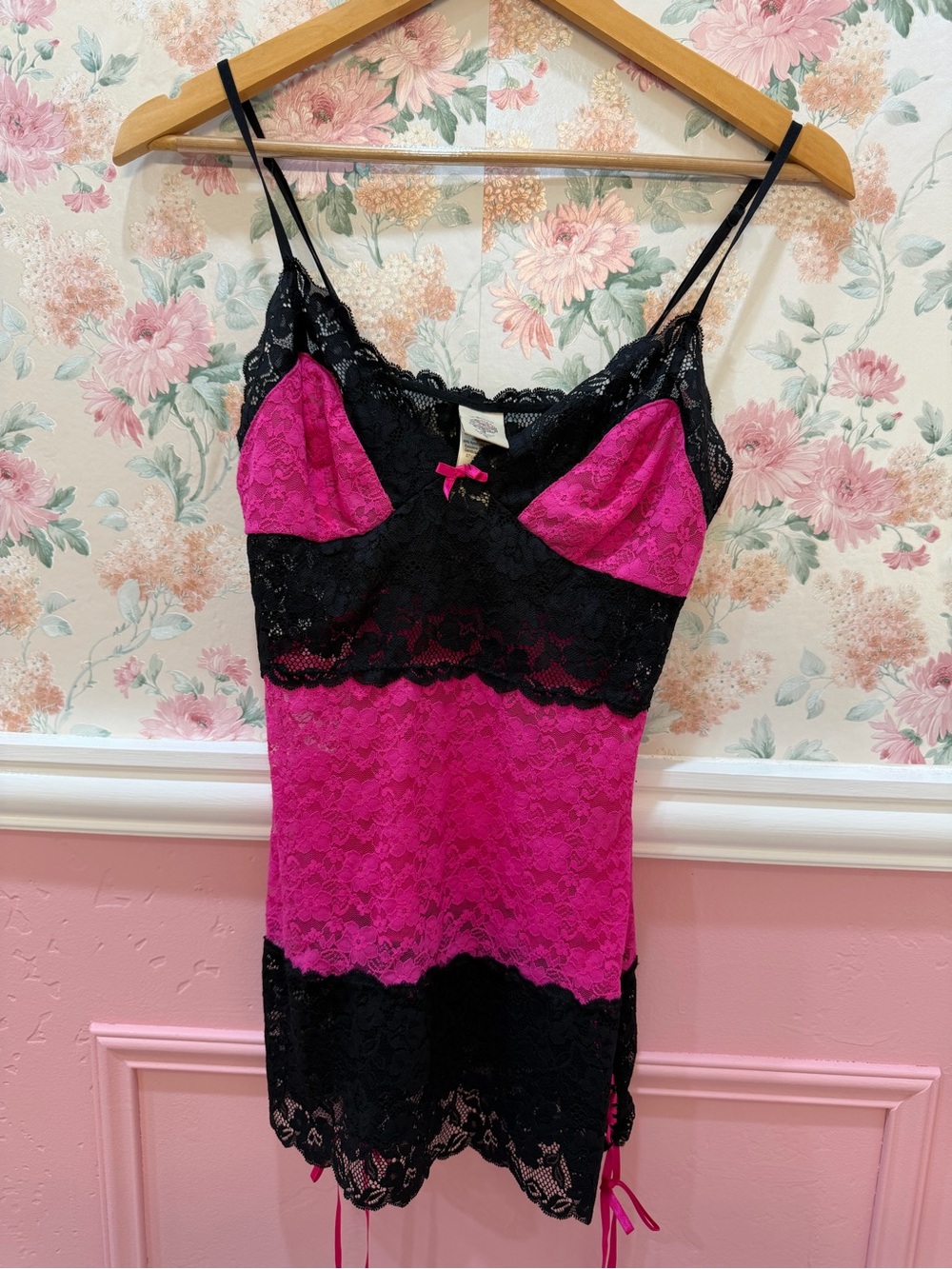 In Bloom Black & Fuchsia Lace Chemise with Bow Detail